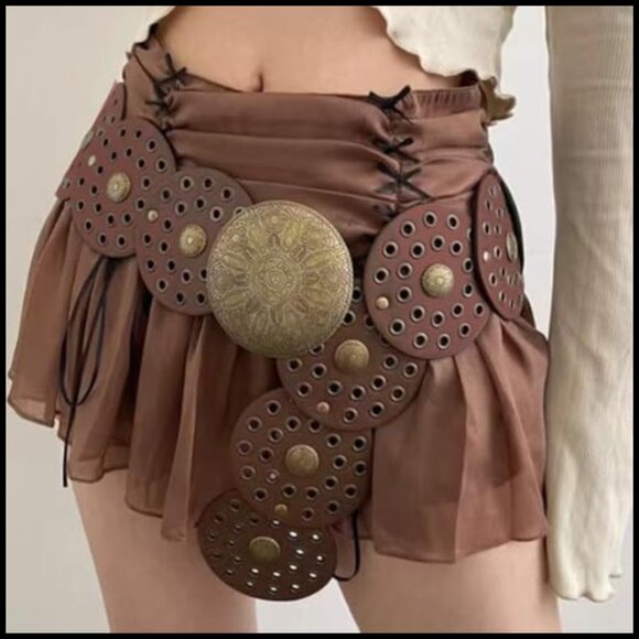Vintage Disc Waist Belt Wide PU Leather Hollow Boho Western
